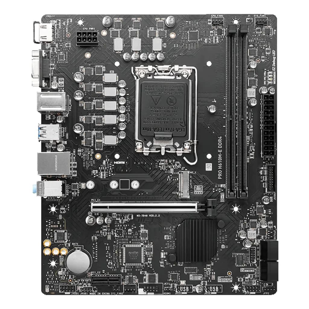 MSI PRO H610M-E DDR4, vue de dessus: socket LGA1700, slots DDR4, slot PCIe et panneau arrière de connecteurs