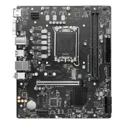 MSI PRO H610M-E DDR4, vue de dessus: socket LGA1700, slots DDR4, slot PCIe et panneau arrière de connecteurs