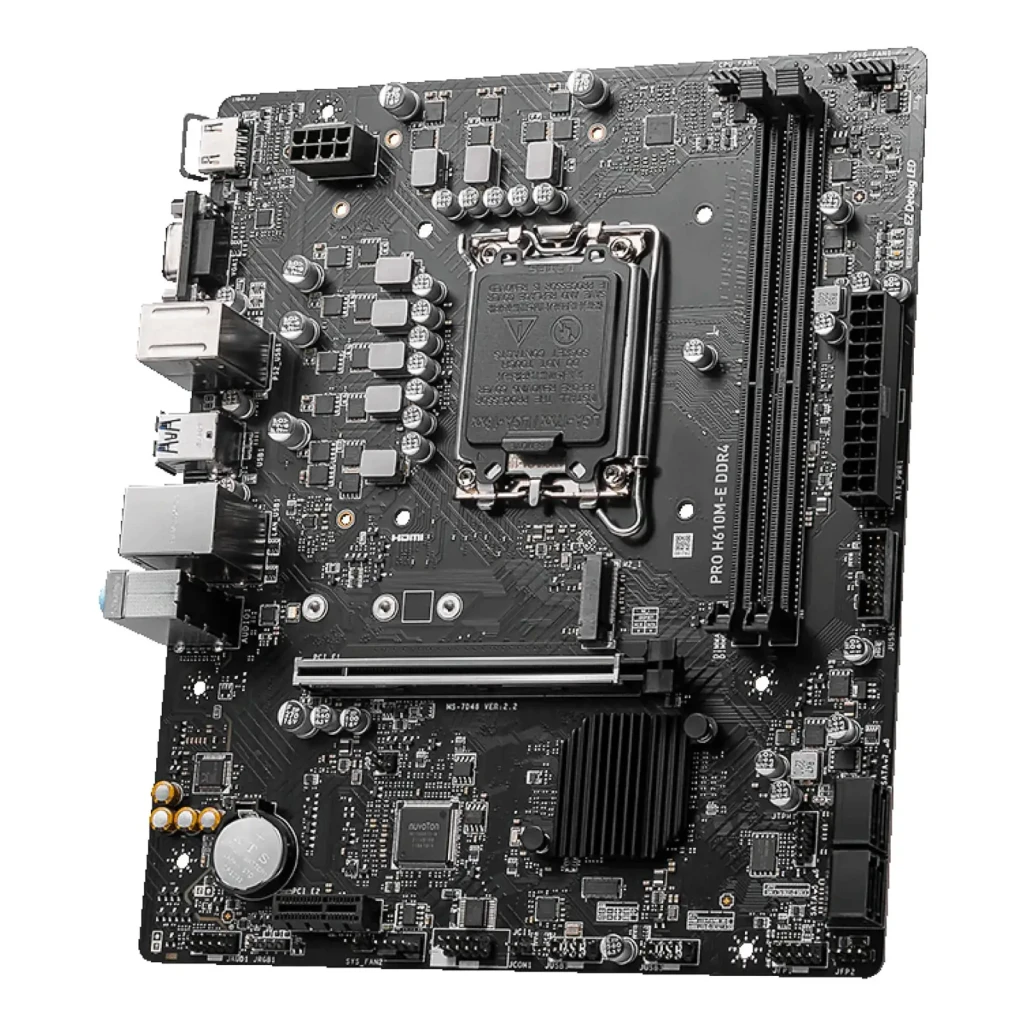 MSI PRO H610M-E DDR4, vista principal: placa-mãe preta com caixa, socket LGA1700, slots DDR4 e PCIe visíveis - Item2