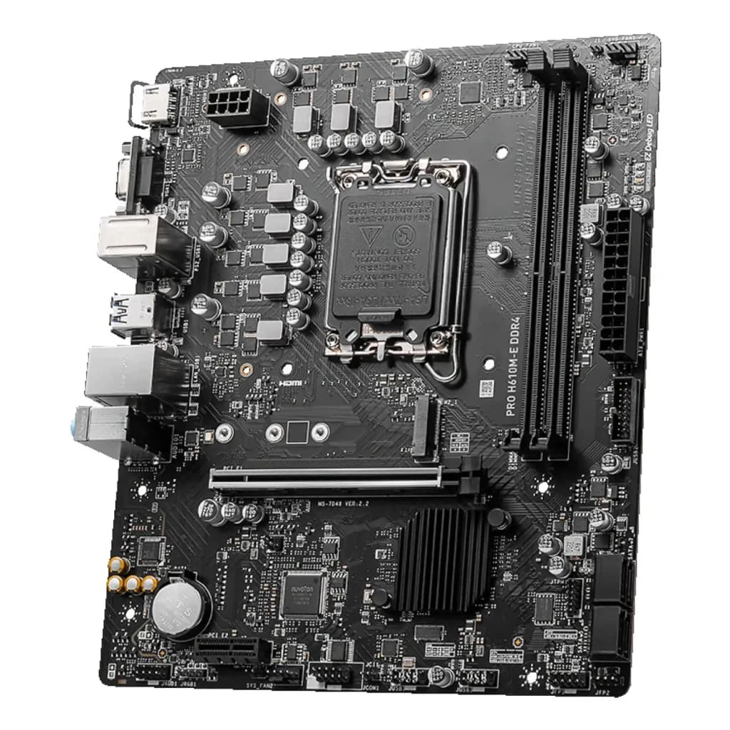 MSI PRO H610M-E DDR4, vue en angle: socket LGA1700, slots DDR4, dissipateur chipset et panneau arrière