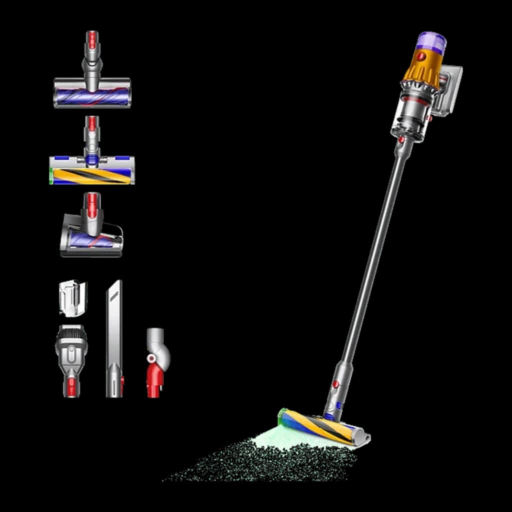 Dyson Aspirador V12 Detect Slim Absolute dourado, acessórios: aspirador em uso com luz laser e 7 bocais incluídos