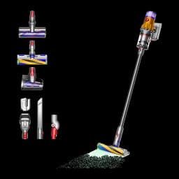 Dyson Aspirador V12 Detect Slim Absolute dourado, acessórios: aspirador em uso com luz laser e 7 bocais incluídos
