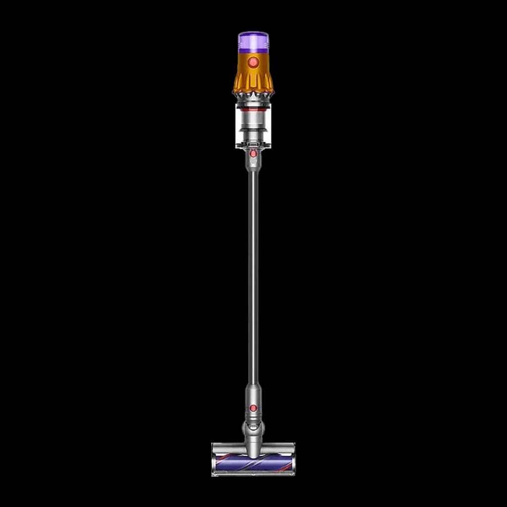 Dyson Aspirador V12 Detect Slim Absolute dourado, vista frontal completa: corpo inteiro com motor dourado, tubo prateado e