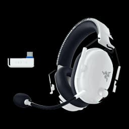 Razer BlackShark V2 Pro for PlayStation blanco, vista lateral derecha con dongle USB-C: auricular y adaptador inalámbrico