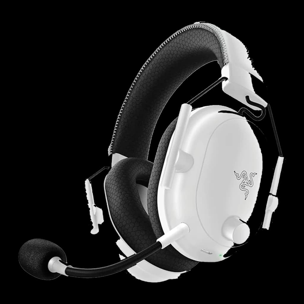 Razer BlackShark V2 Pro for PlayStation blanco, vista lateral izquierda: auricular sin dongle, micrófono desplegado y