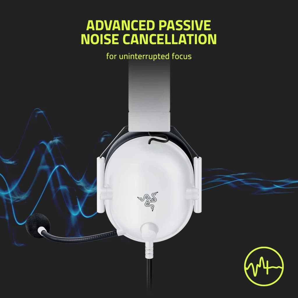 Razer BlackShark V2 Pro for PlayStation Blanco, vista frontal: auricular con logo Razer, micrófono y cancelación de ruido