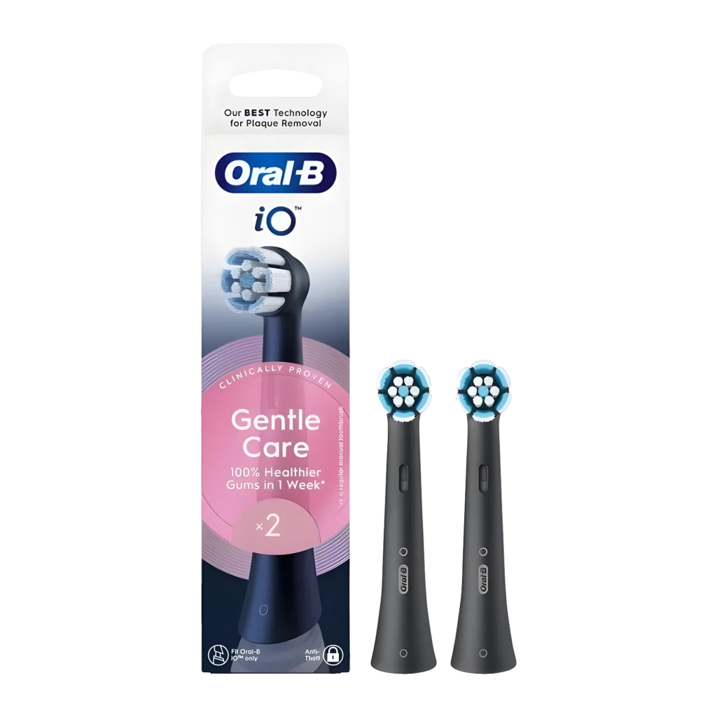 Oral-B iO Cabezales Limpeza Suave Preto, pack 2 un: caixa frontal e duas cabeças pretas com cerdas azuis