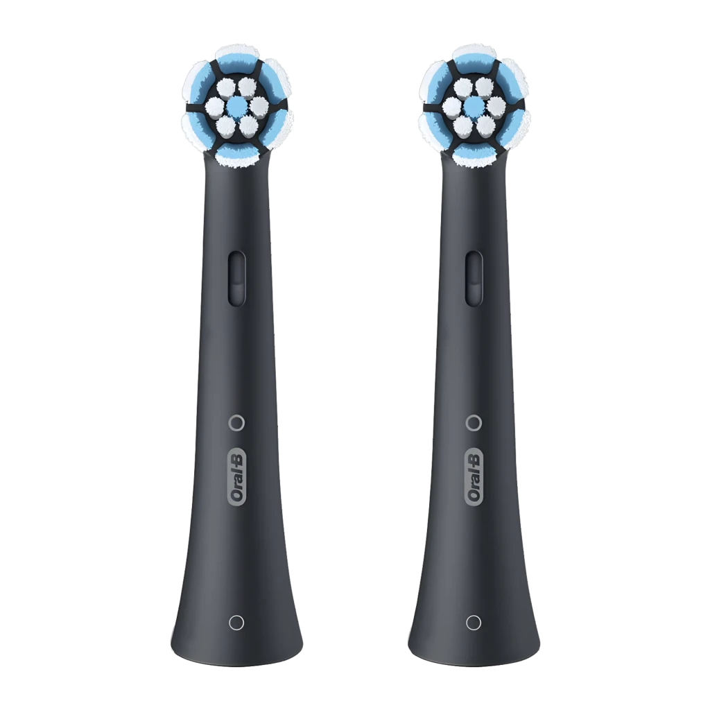 Oral-B iO Cabezales Limpeza Suave Preto, pack 2 un: caixa frontal e duas cabeças pretas com cerdas azuis - Item1