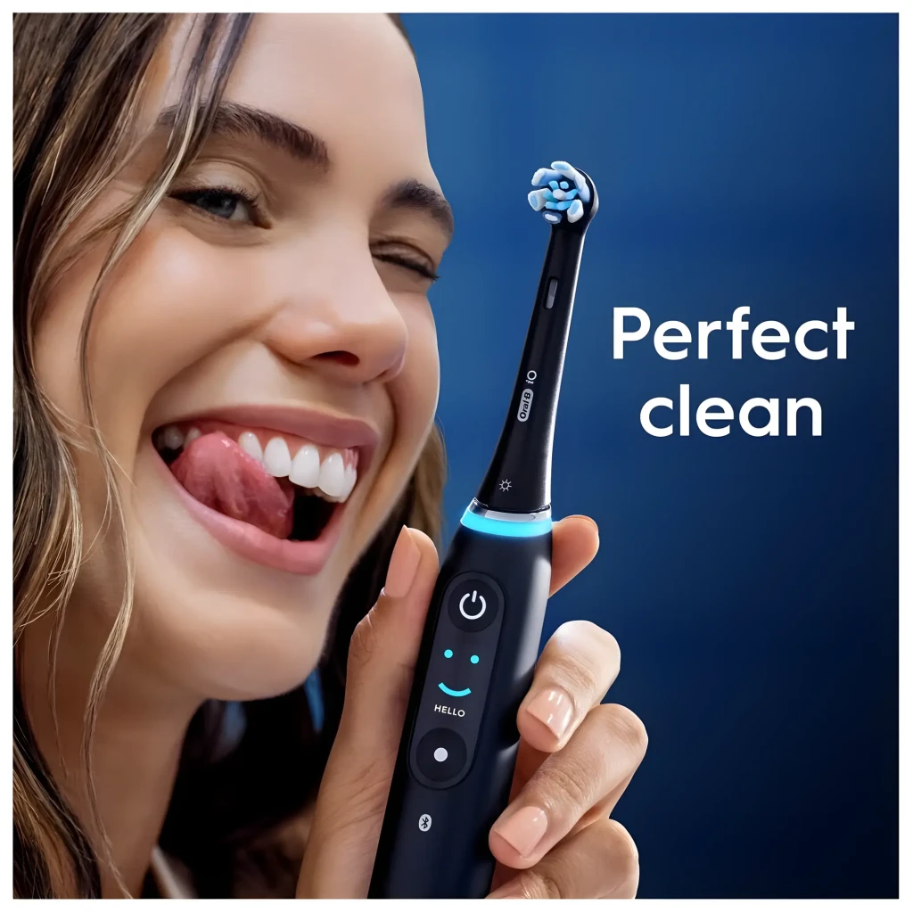 Oral-B iO Cabezales Limpeza Suave Preto, pack 2 un: caixa frontal e duas cabeças pretas com cerdas azuis - Item3