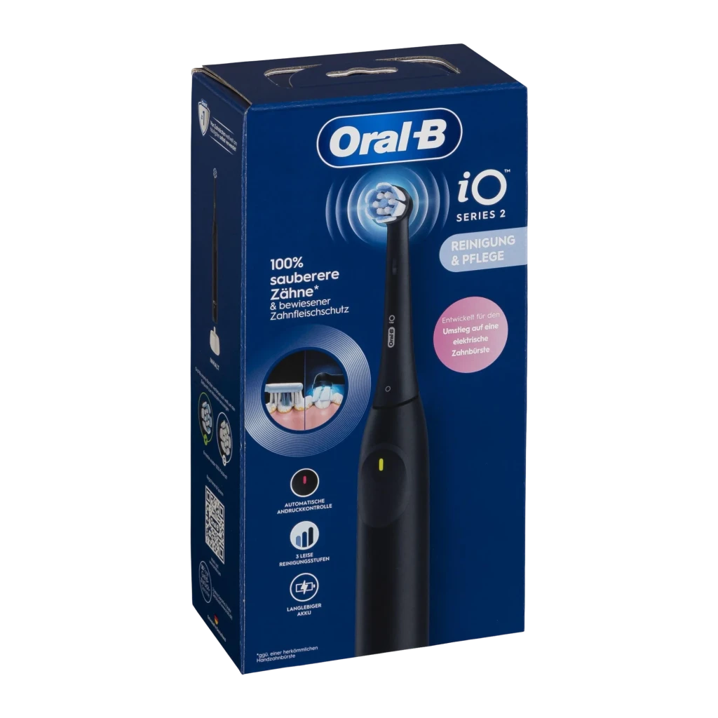 Oral-B iO Series 2 Night Black, vista frontal: mango negro mate, botón central ovalado y cabezal redondo azul - Ítem2