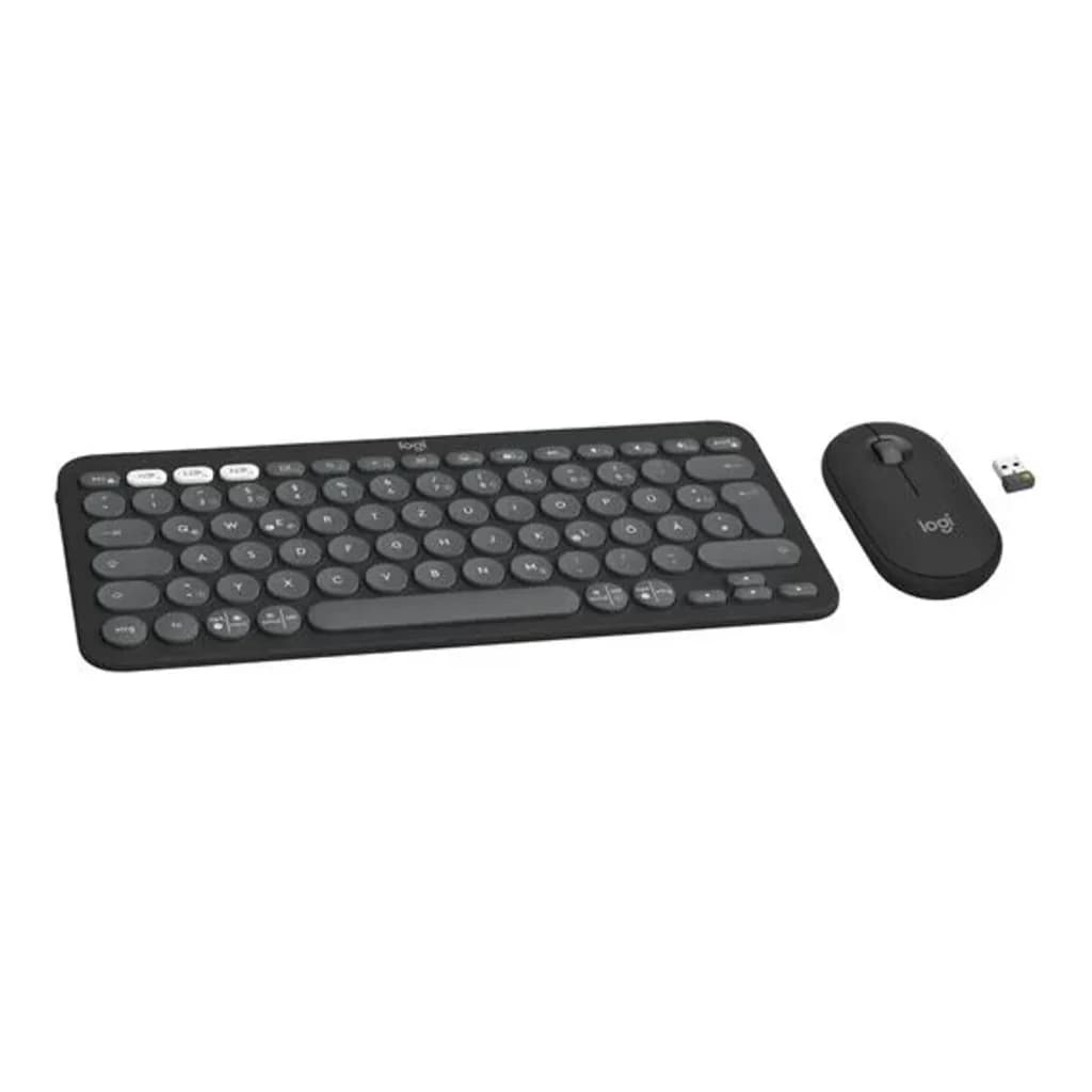 Logitech Pebble 2 Combo Graphite gris, vue en perspective: clavier compact touches rondes, souris et récepteur USB nano