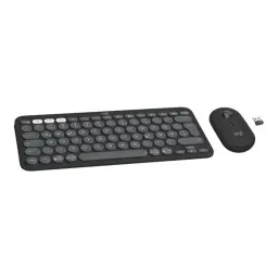 Logitech Pebble 2 Combo Graphite gris, vue en perspective: clavier compact touches rondes, souris et récepteur USB nano
