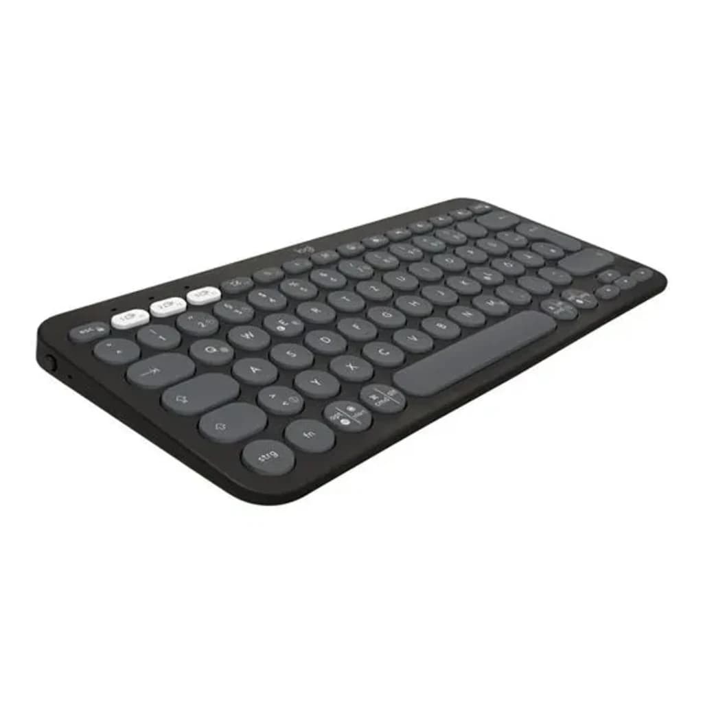 Logitech Pebble 2 Combo Graphite gris, vue en perspective: clavier compact avec touches rondes et boutons de connexion blancs