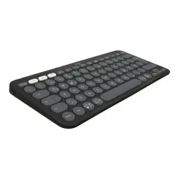 Logitech Pebble 2 Combo Graphite gris, vue en perspective: clavier compact avec touches rondes et boutons de connexion blancs