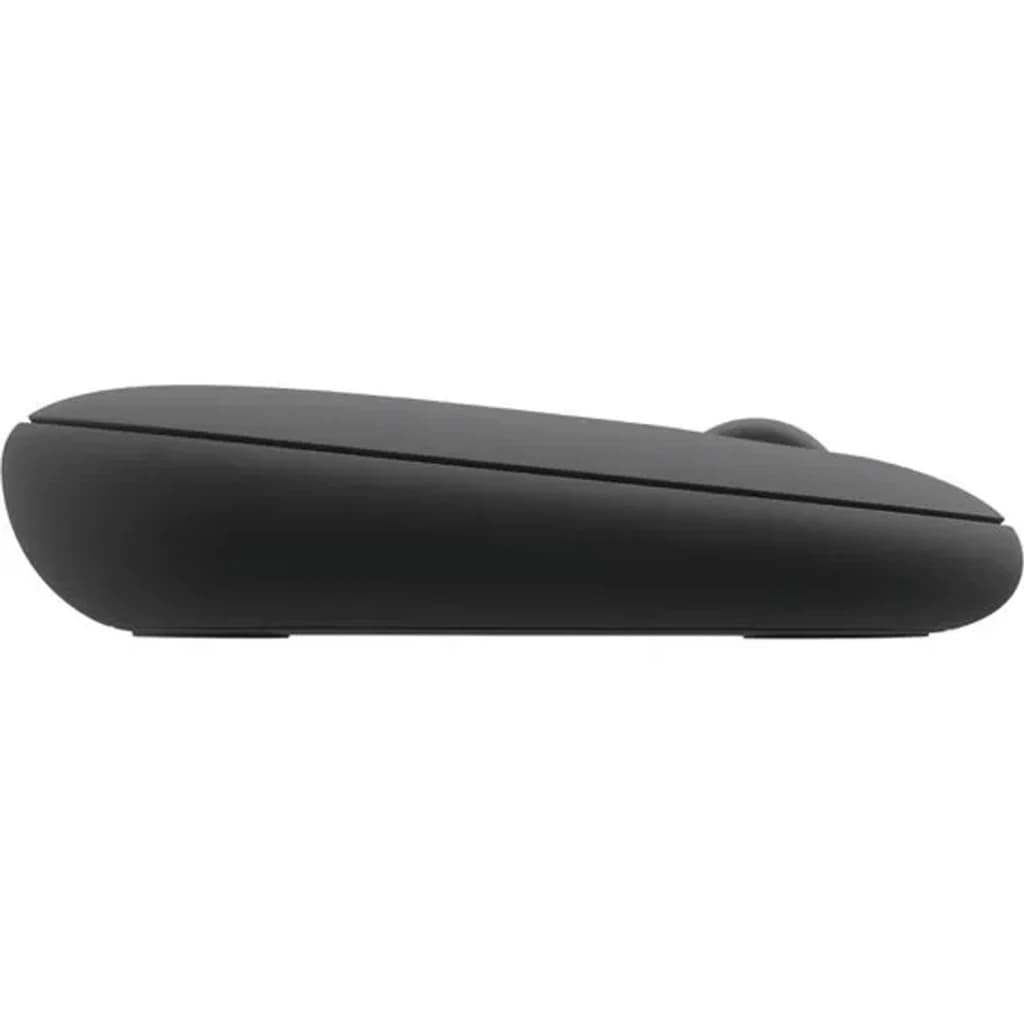 Logitech Pebble 2 Combo Graphite, vue latérale souris: profil fin et arrondi en gris foncé avec molette visible