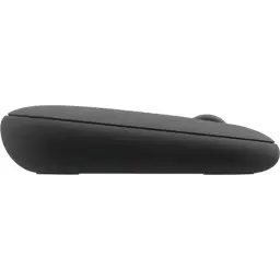 Logitech Pebble 2 Combo Graphite, vue latérale souris: profil fin et arrondi en gris foncé avec molette visible