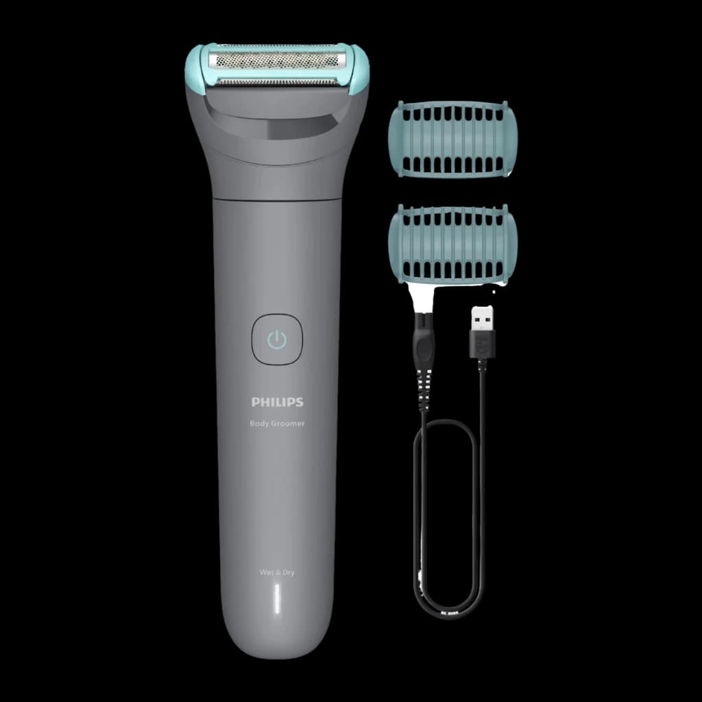 Philips Rasoir corporel BG3480/15 Série 3000 Gris, vue avant: rasoir avec 2 sabots turquoise et câble USB