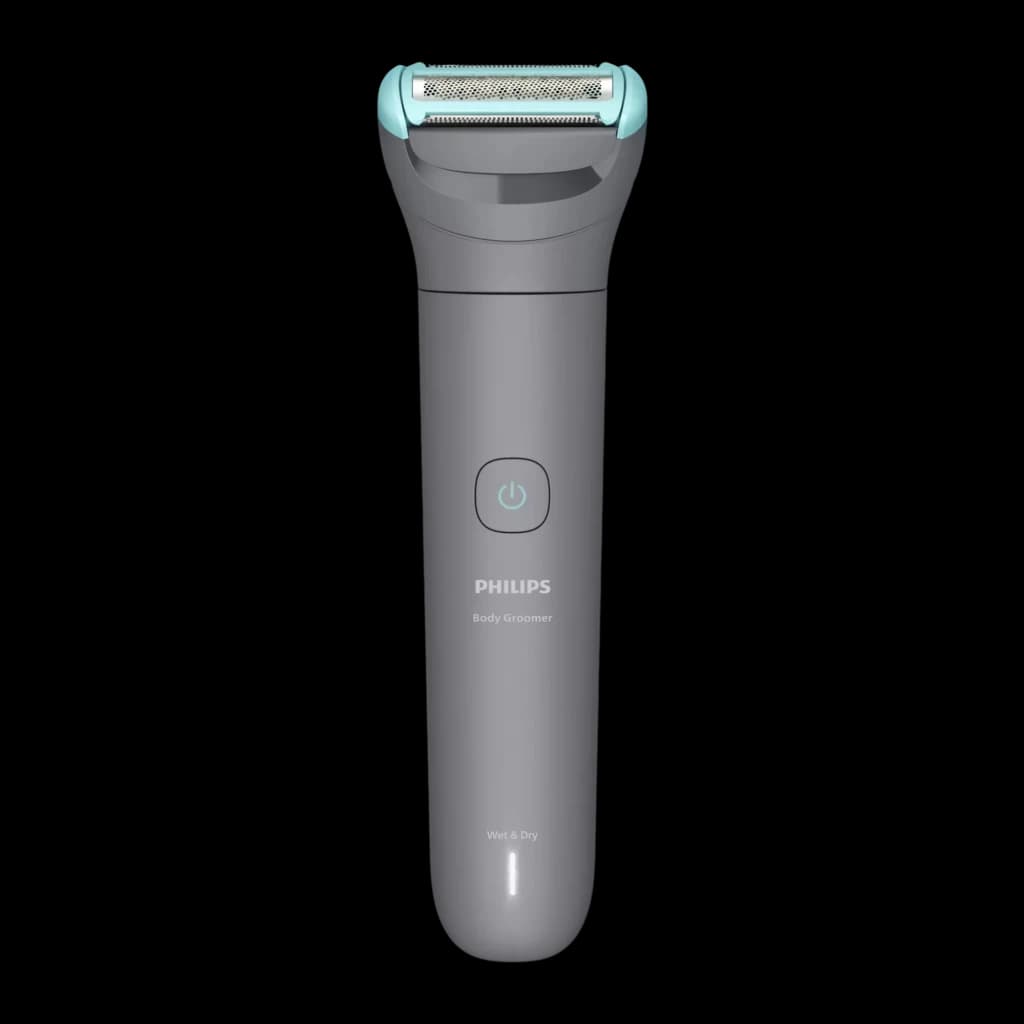 Philips Rasoir corporel BG3480/15 Série 3000 Gris, vue de face: manche gris avec tête turquoise, bouton marche/arrêt et