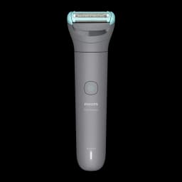 Philips Rasoir corporel BG3480/15 Série 3000 Gris, vue de face: manche gris avec tête turquoise, bouton marche/arrêt et