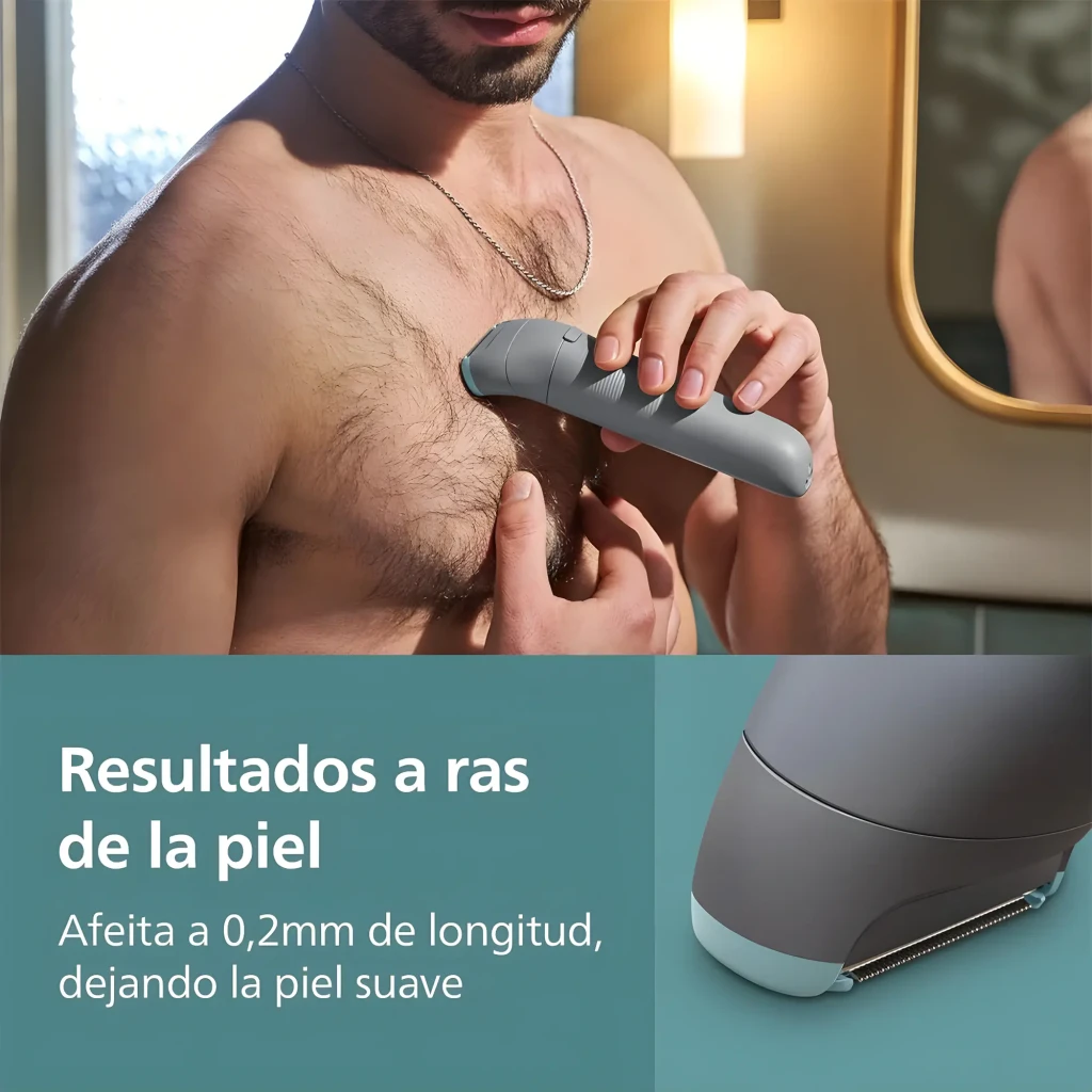 Philips Rasoir corporel BG3480/15 Série 3000 Gris, vue avant: rasoir avec 2 sabots turquoise et câble USB - Ítem4
