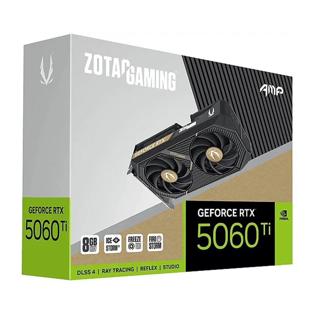 ZOTAC Gaming GeForce RTX 5060 Ti Twin Edge OC 8GB, vista frontal: dois ventiladores com logo ZOTAC, shroud preto texturizado - Item4