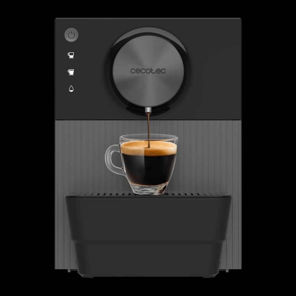 Cecotec Cremmaet Cube preta, vista frontal: dispensador servindo espresso em copo de vidro, dial circular e painel de ícones