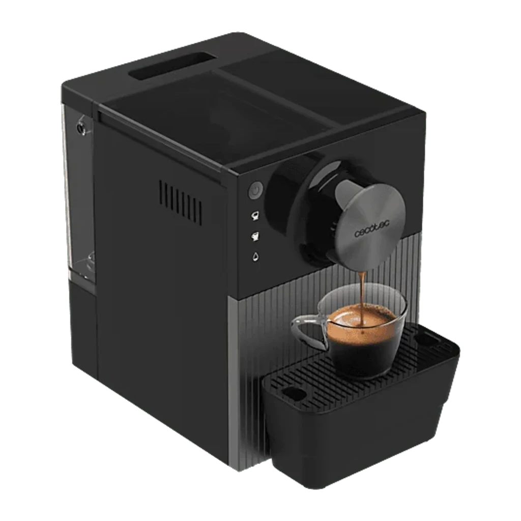 Cecotec Cremmaet Cube noir, vue de face: distributeur versant un espresso dans une tasse en verre, cadran circulaire et - Ítem1
