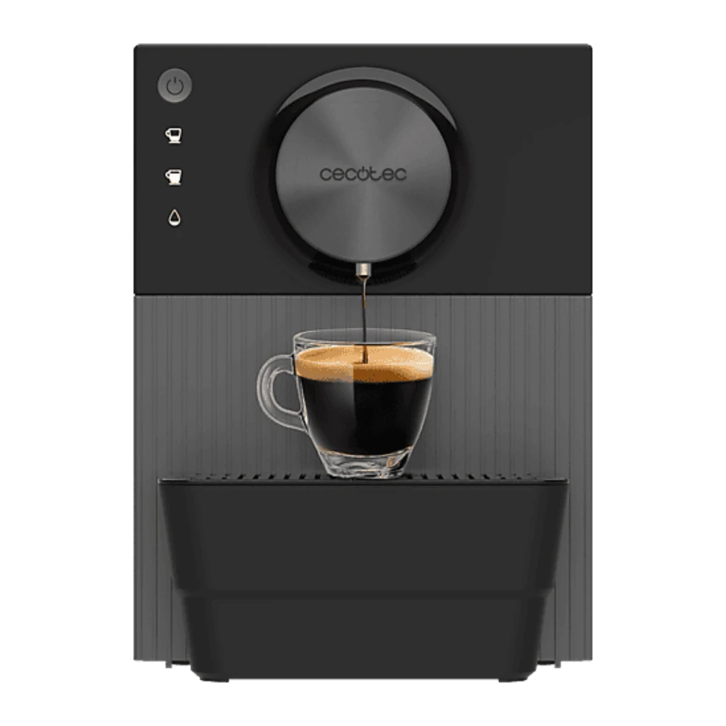 Cecotec Cremmaet Cube noir, vue de face: distributeur versant un espresso dans une tasse en verre, cadran circulaire et - Ítem2