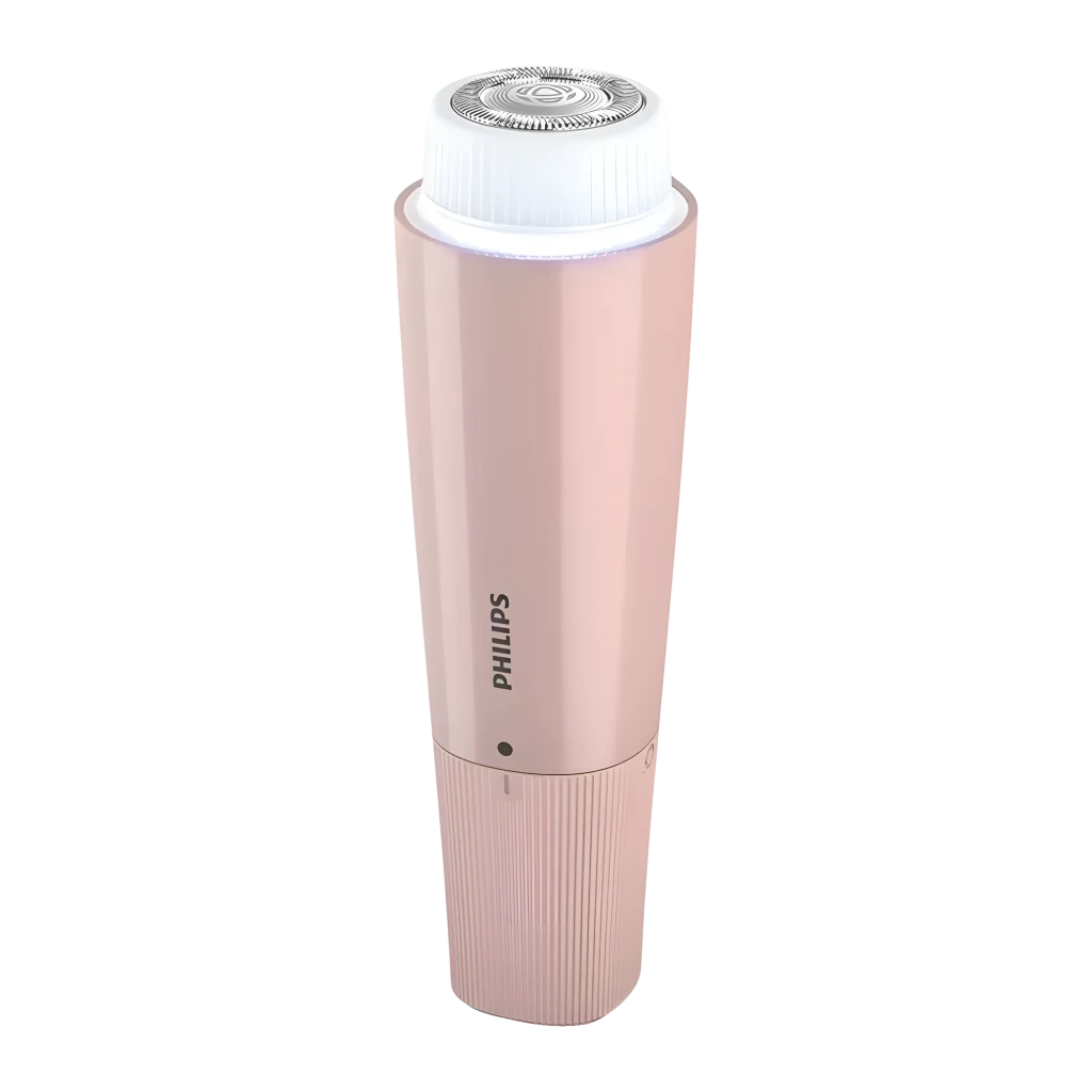 Philips Depiladora facial 5000 Series BRR454/00 Rosa, vista lateral: cabo rosa com logo, cabeça depilatória branca circular