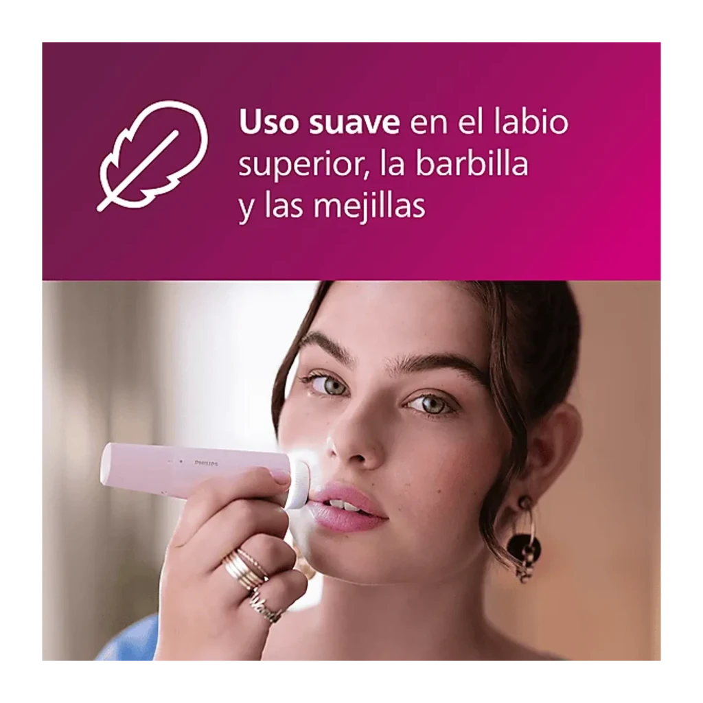 Philips Depiladora facial 5000 Series BRR454/00 Rosa, vista lateral: cabo rosa com logo, cabeça depilatória branca circular - Item4