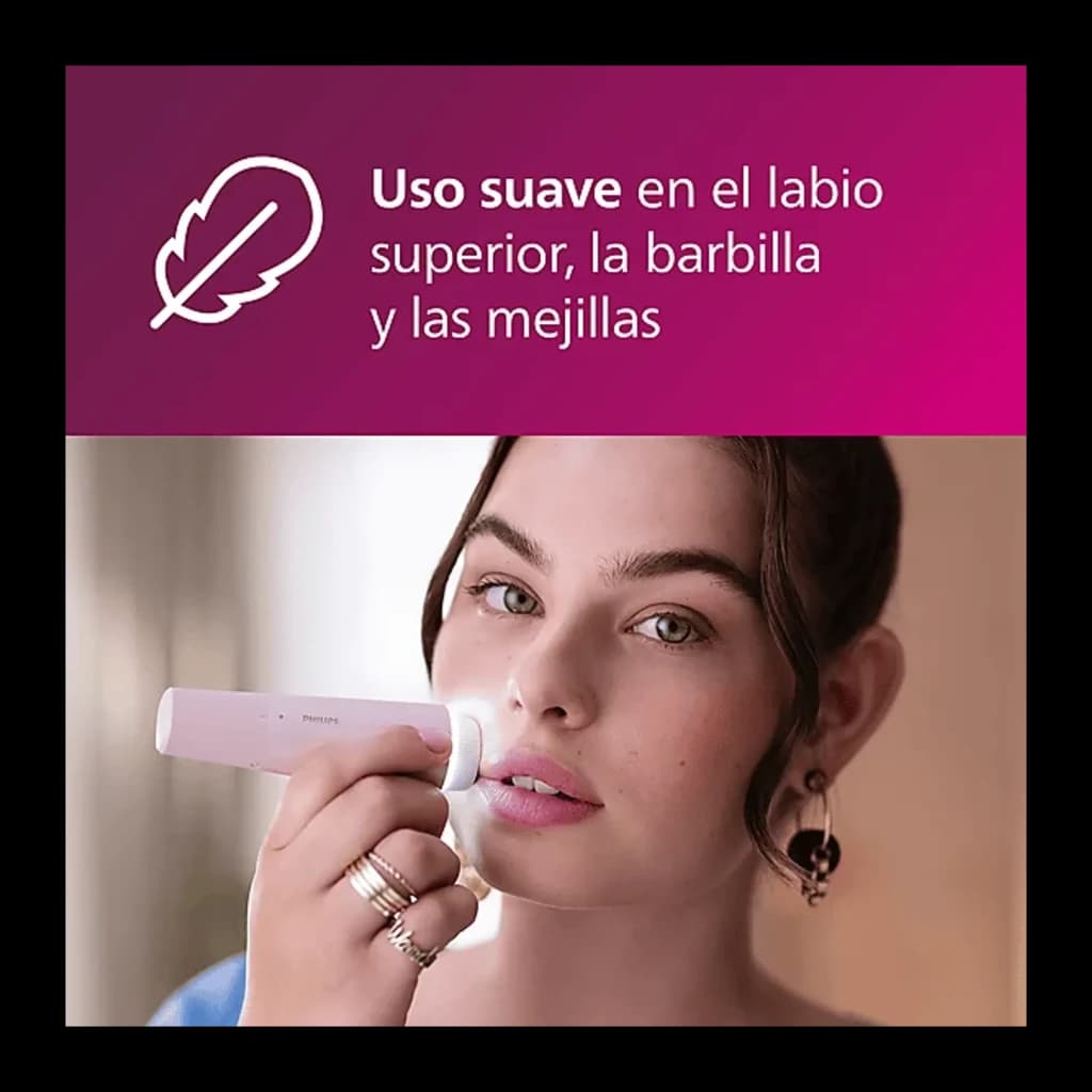 Philips Depiladora facial 5000 Series BRR454/00 Rosa, uso: mulher aplicando suavemente no lábio superior