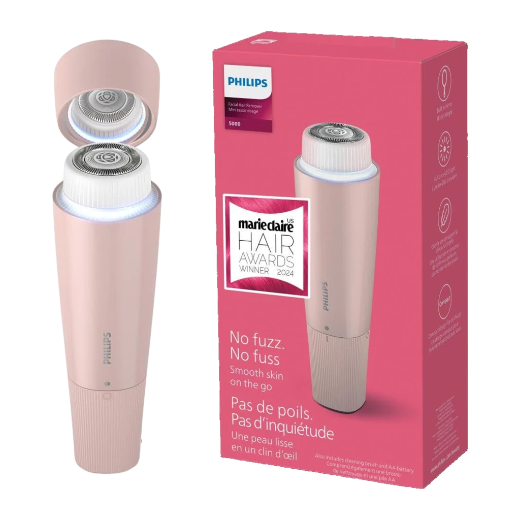 Philips Depiladora facial 5000 Series BRR454/00 Rosa, vista lateral: cabo rosa com logo, cabeça depilatória branca circular - Item2