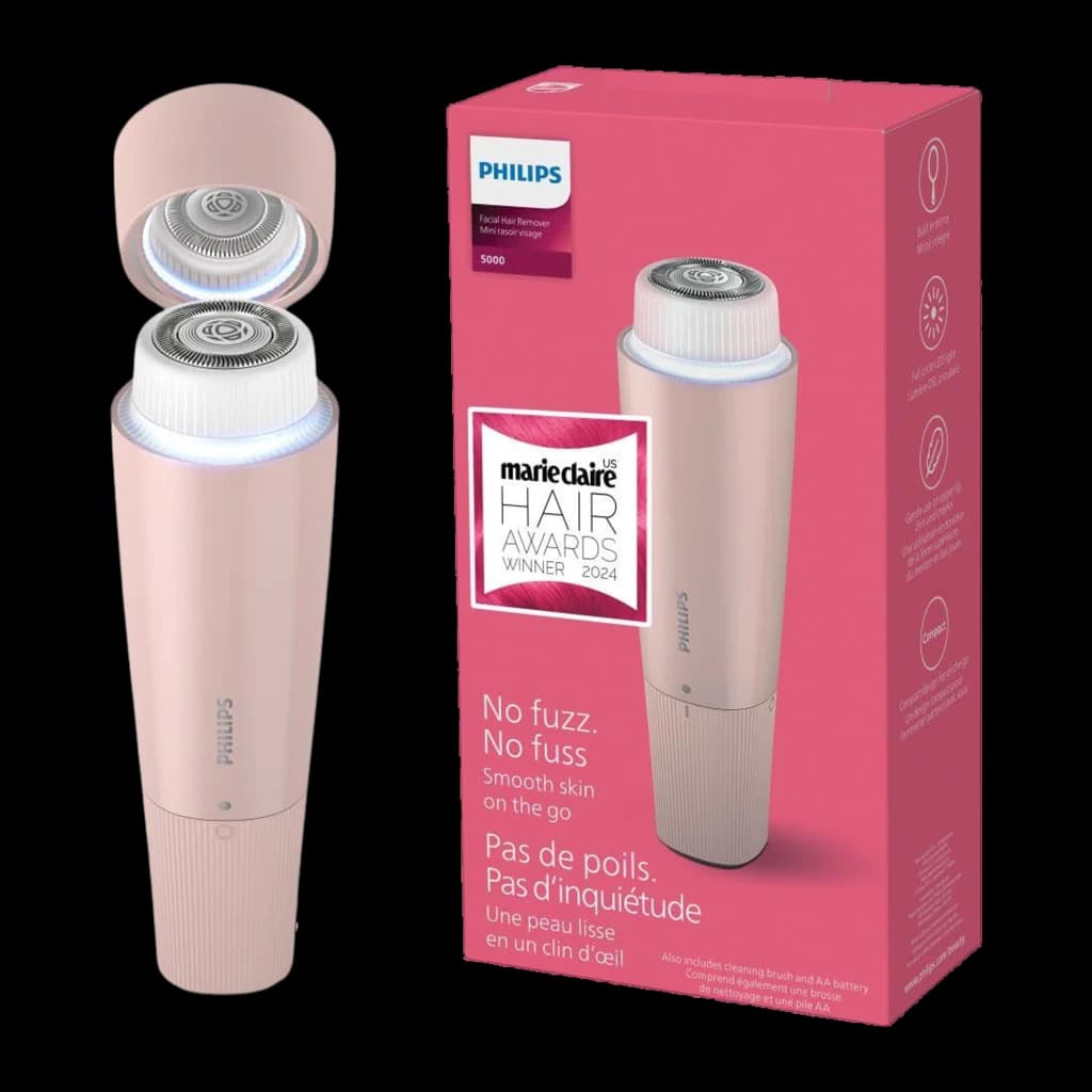 Philips Depiladora facial 5000 Series BRR454/00 Rosa, vista principal: dispositivo com tampa aberta e cabeçote iluminado ao