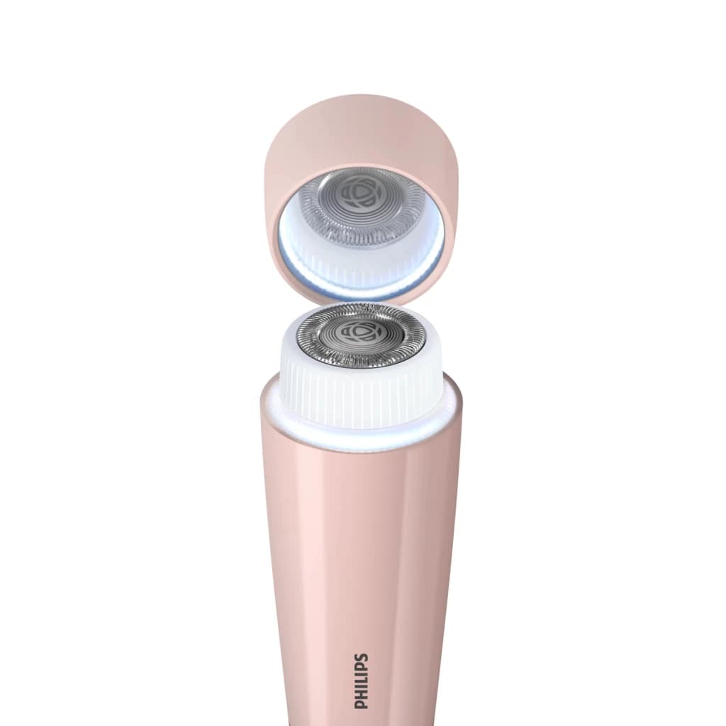 Philips Depiladora facial 5000 Series BRR454/00 rosa, detalhe: tampa aberta com luz LED azul e cabeçote depilatório circular
