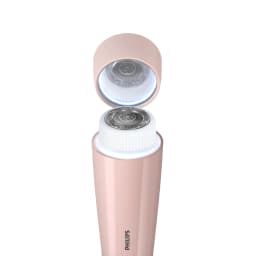 Philips Depiladora facial 5000 Series BRR454/00 rosa, detalhe: tampa aberta com luz LED azul e cabeçote depilatório circular