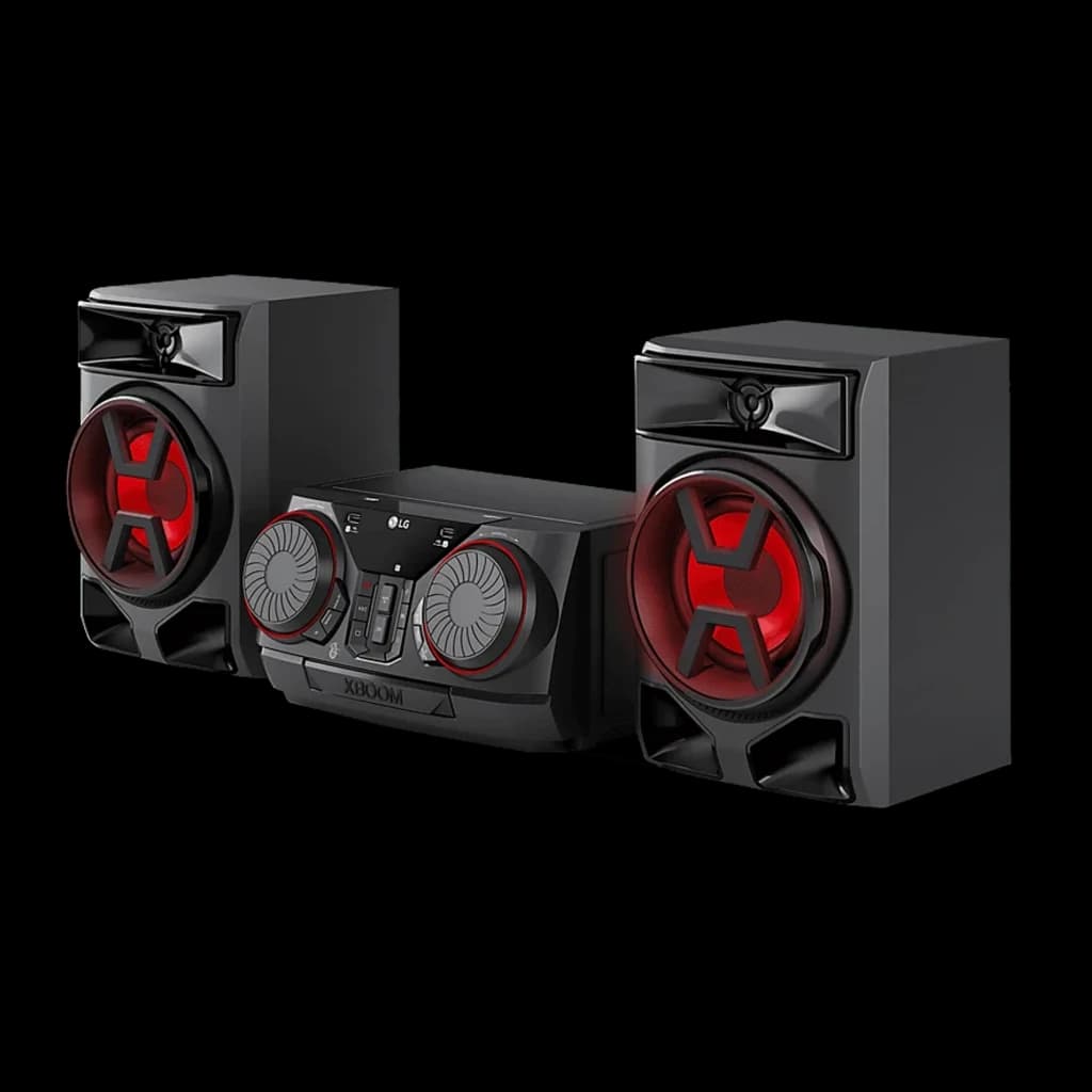 LG XBOOM CK43N Negro, vista en perspectiva: sistema de audio con dos altavoces e iluminación roja en woofers