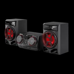 LG XBOOM CK43N Negro, vista en perspectiva: sistema de audio con dos altavoces e iluminación roja en woofers