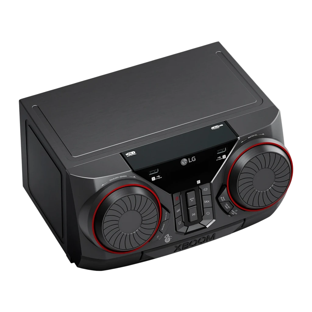LG XBOOM CK43N Noir, vue en perspective: système audio avec deux enceintes et éclairage rouge sur les woofers - Ítem3