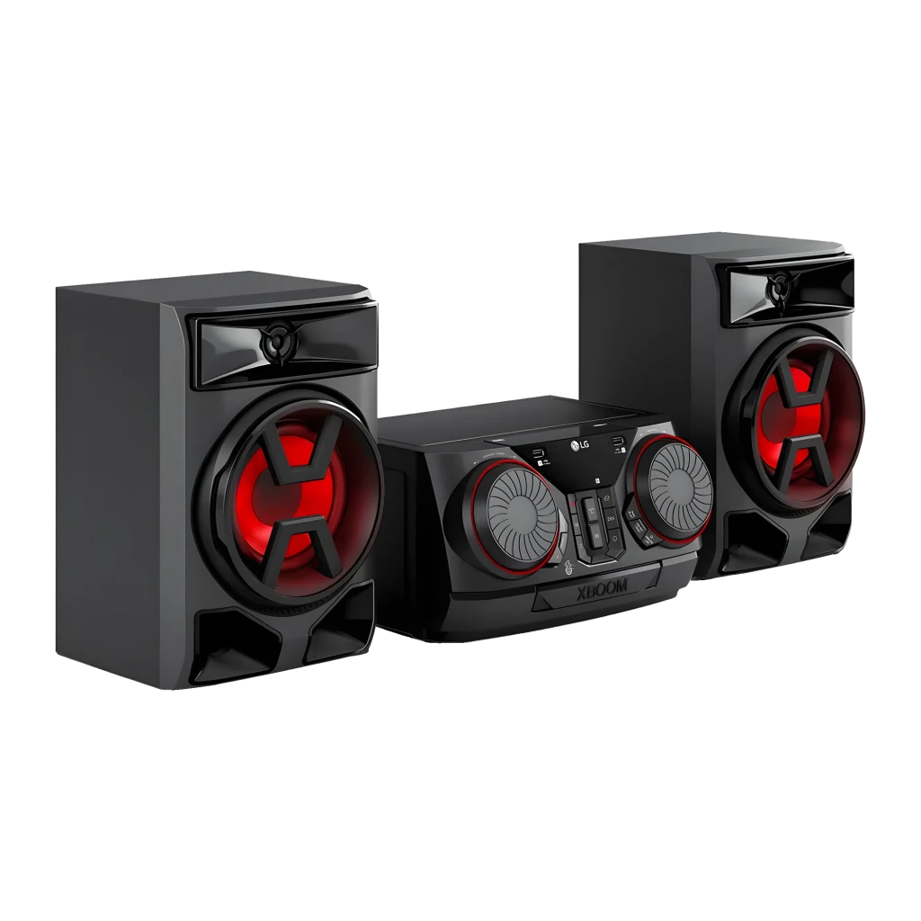 LG XBOOM CK43N Noir, vue en perspective: système audio avec deux enceintes et éclairage rouge sur les woofers - Ítem1