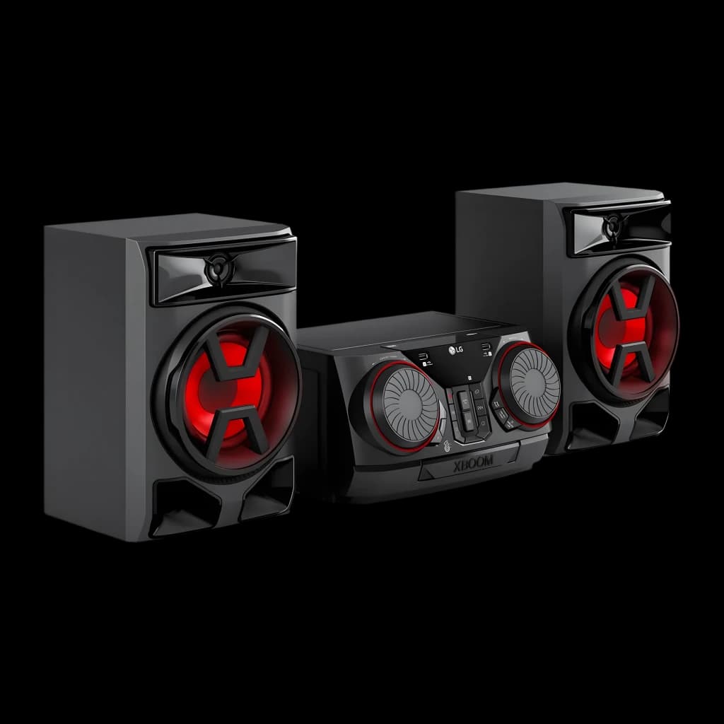 LG XBOOM CK43N negro, vista en perspectiva: sistema completo con altavoces e iluminación roja en woofers