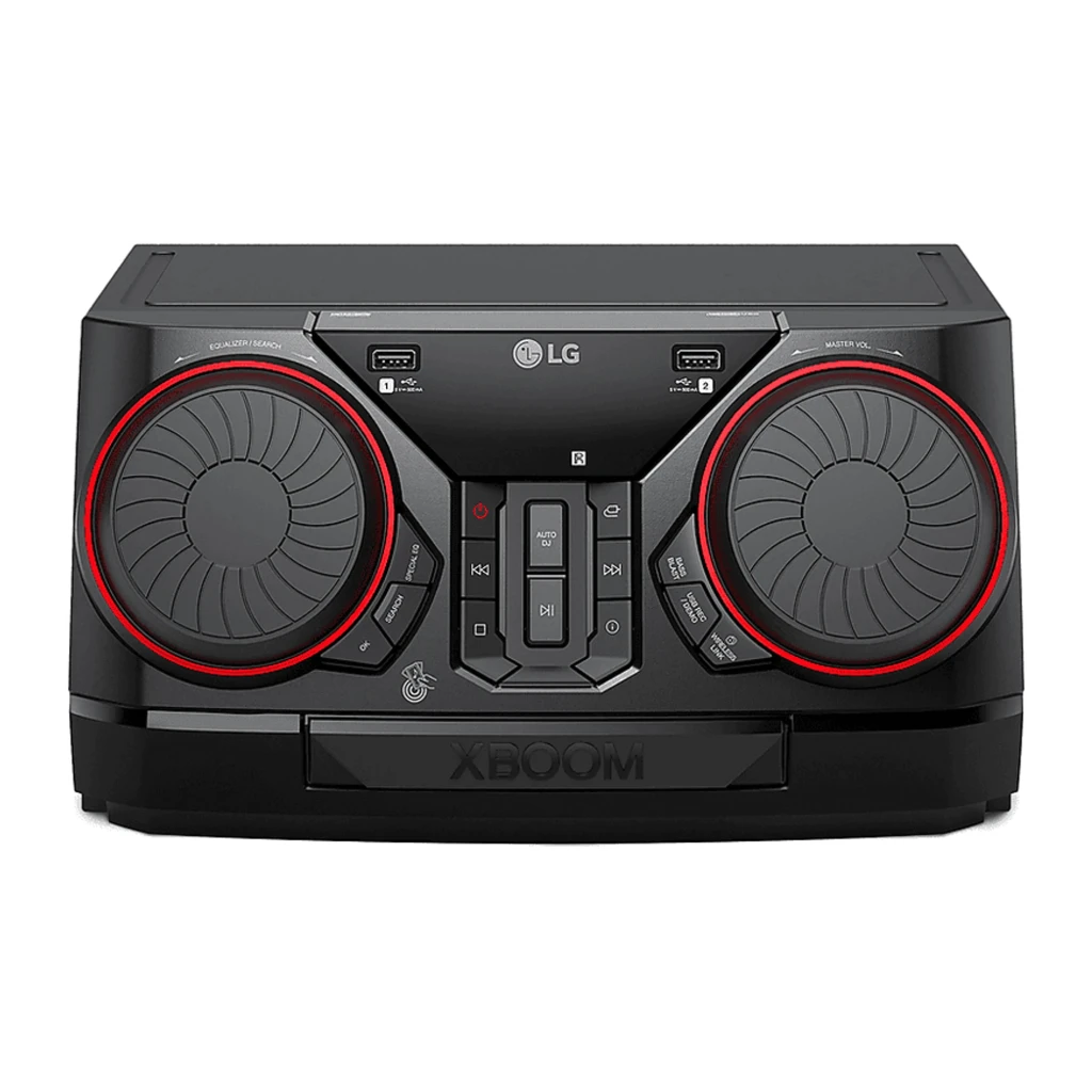 LG XBOOM CK43N Noir, vue en perspective: système audio avec deux enceintes et éclairage rouge sur les woofers - Ítem2