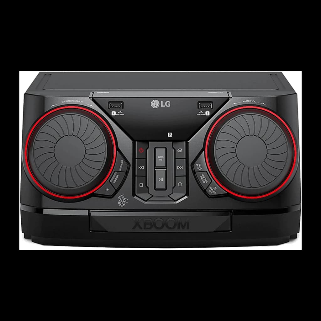 LG XBOOM CK43N negro, vista frontal: dos altavoces con aro rojo, panel de controles central y logo XBOOM