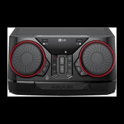 LG XBOOM CK43N negro, vista frontal: dos altavoces con aro rojo, panel de controles central y logo XBOOM