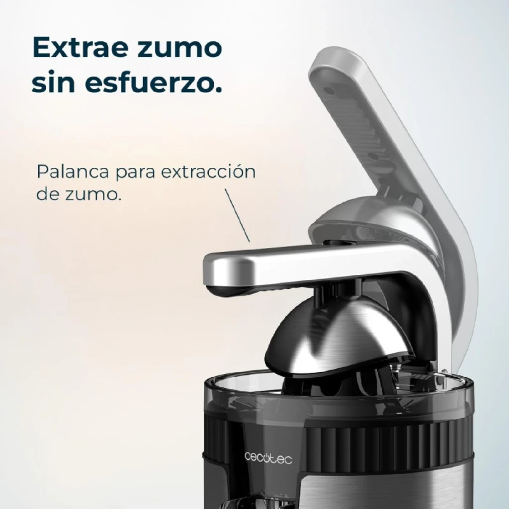 Cecotec Xqueeze RetroJuice 600 Steel preto, vista lateral: corpo cilíndrico inox, braço dobrado e espremedor cónico - Item6
