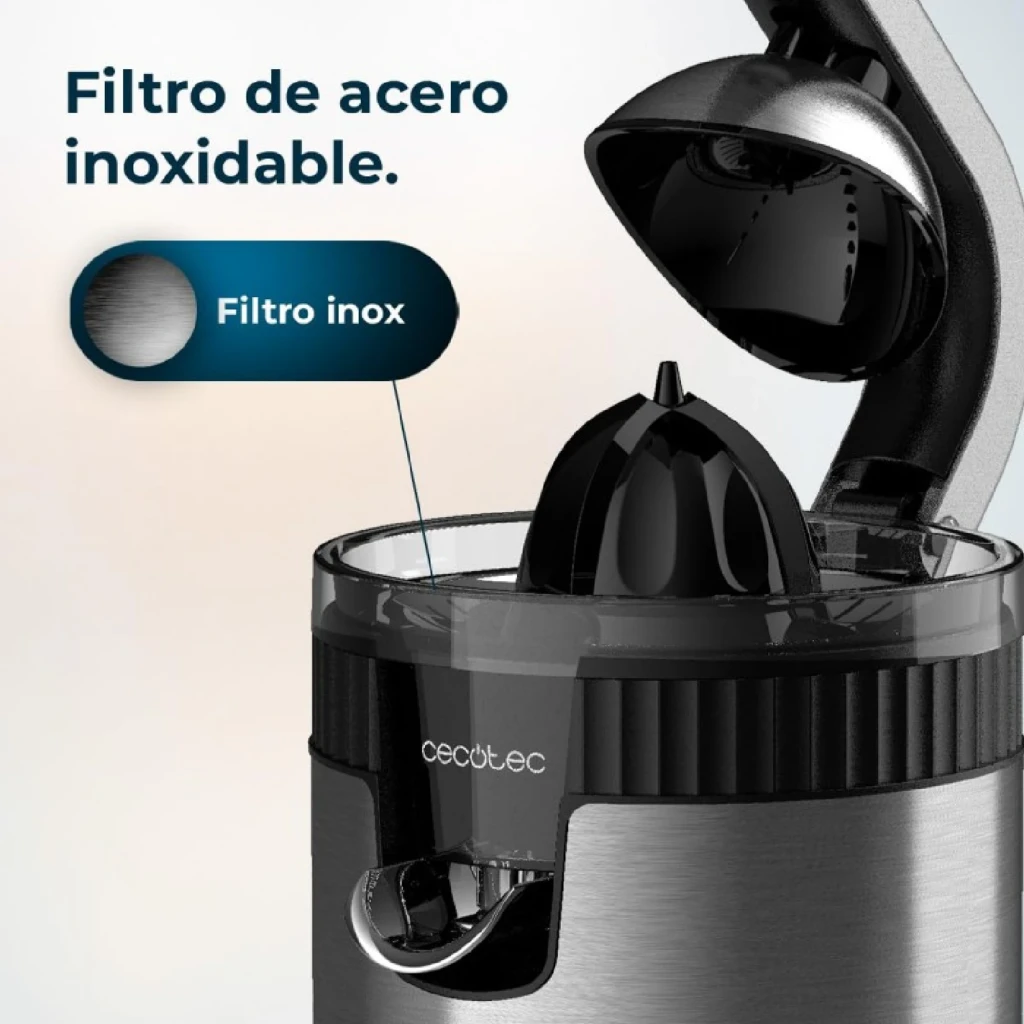 Cecotec Xqueeze RetroJuice 600 Steel preto, vista lateral: corpo cilíndrico inox, braço dobrado e espremedor cónico - Item5