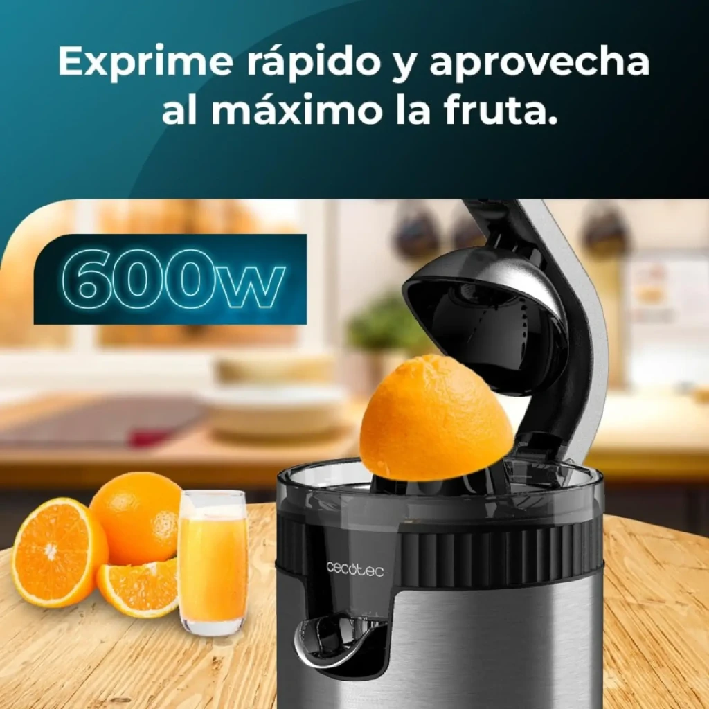 Cecotec Xqueeze RetroJuice 600 Steel preto, vista lateral: corpo cilíndrico inox, braço dobrado e espremedor cónico - Item7