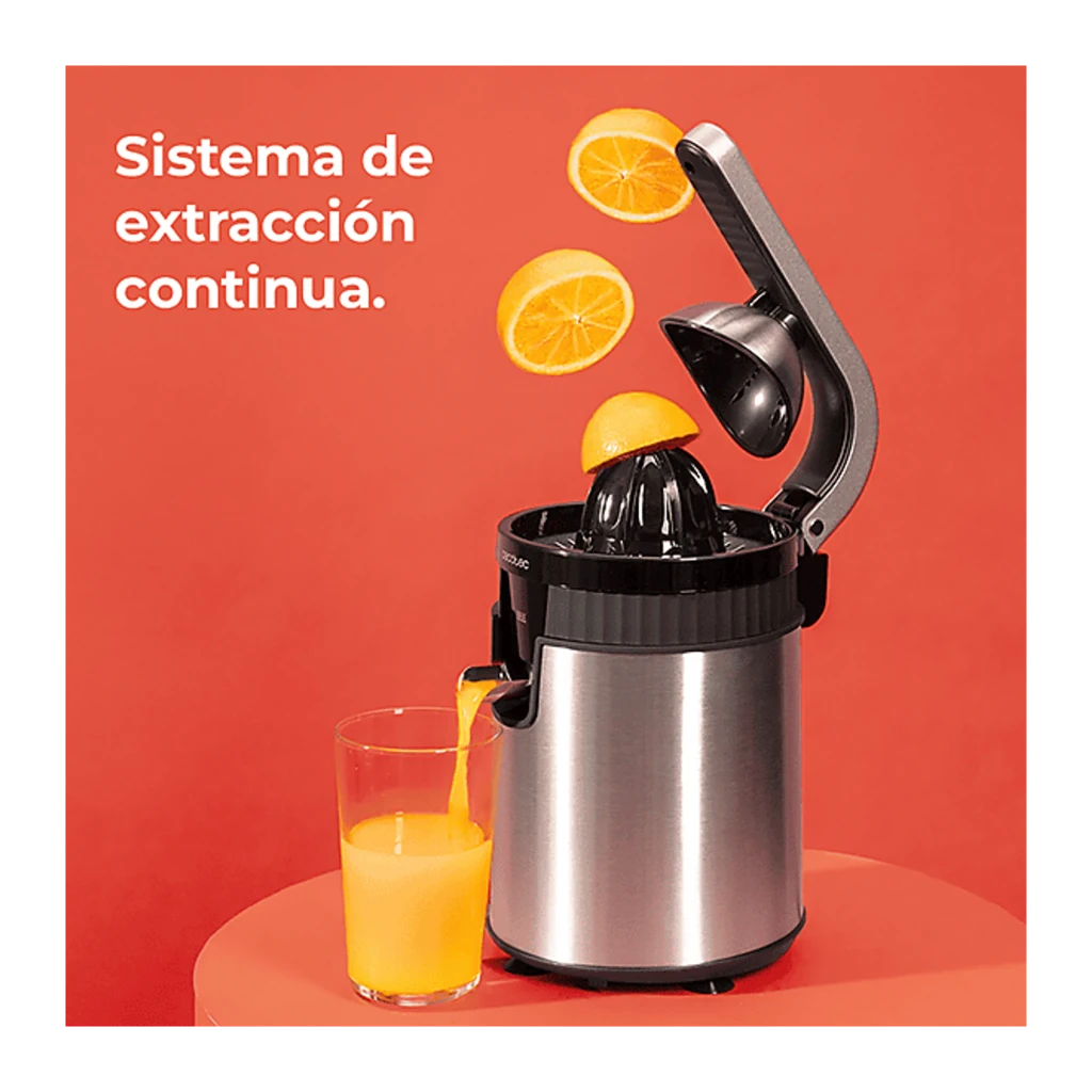 Cecotec Xqueeze RetroJuice 600 Steel preto, vista lateral: corpo cilíndrico inox, braço dobrado e espremedor cónico - Item3