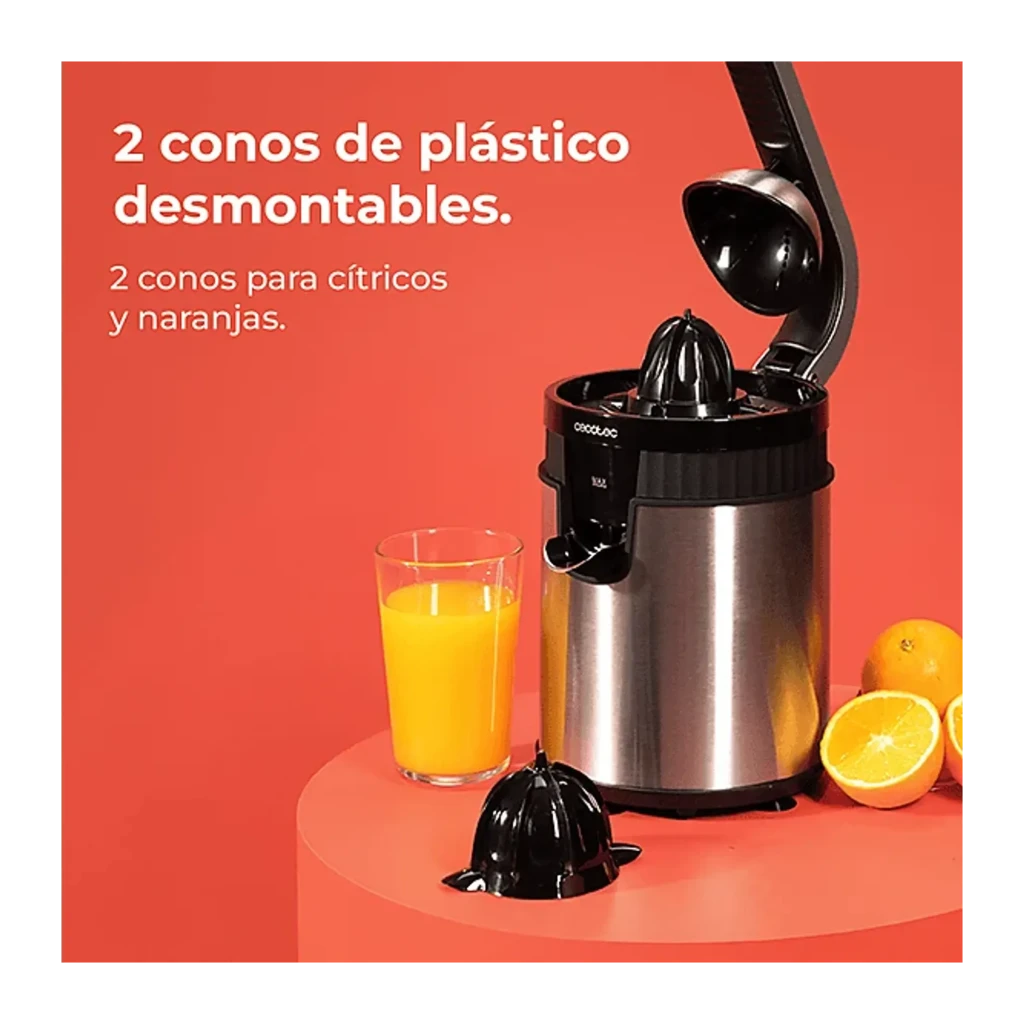 Cecotec Xqueeze RetroJuice 600 Steel preto, vista lateral: corpo cilíndrico inox, braço dobrado e espremedor cónico - Item4
