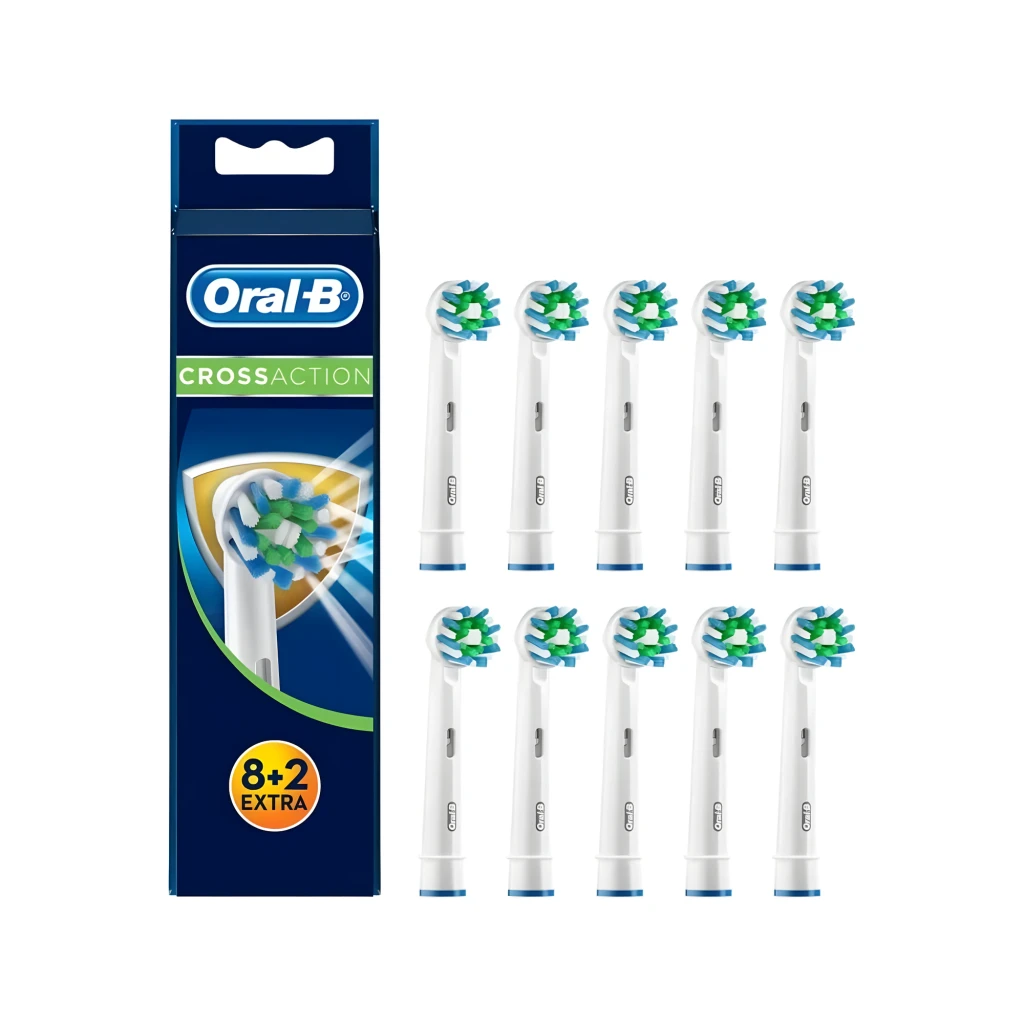 Oral-B Pro Cross Action Pack 10 Negro, vista conjunto: 10 cabezales blancos con cerdas cruzadas verdes y azules sobre fondo - Ítem1