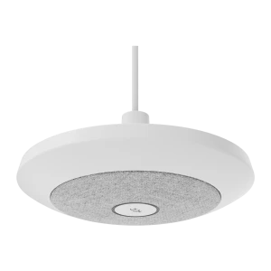 Logitech Support suspension plafond Rally Mic Pods blanc, vue inférieure: disque blanc avec grille textile et bouton
